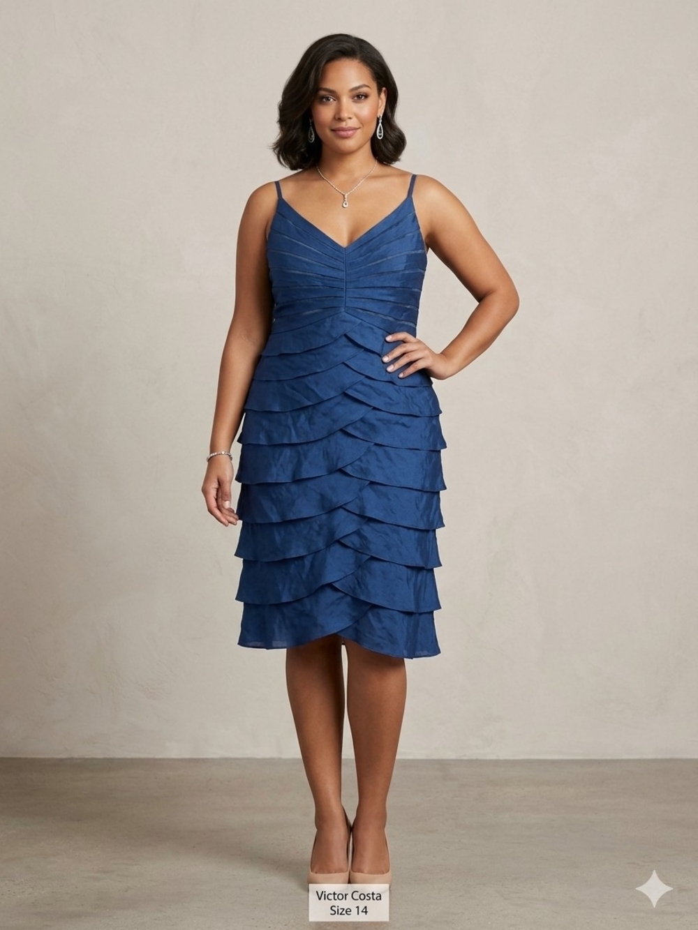 EUC Victor Costa Royal Blue V-Neck Tiered Spaghetti Strap Midi Dress